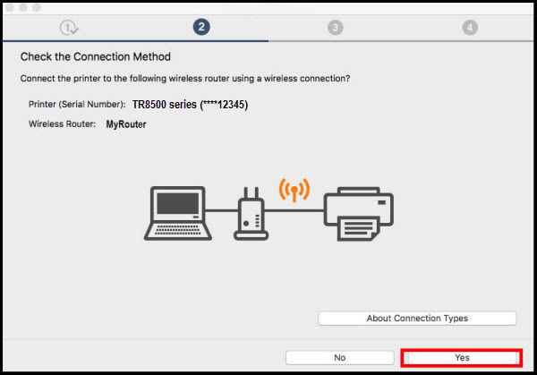 Check connection method screen with Yes selected